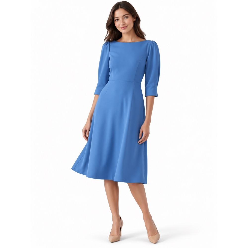LK Bennett London Blue Puff Sleeve A-Line Crepe Dress Size US 8 UK 12